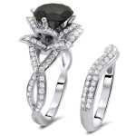 White Gold 3 1/2ct TDW Black Round-cut Diamond Ring and Matching Band - Handcrafted By Name My Rings™