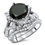 White Gold 3 1/2ct TDW Black Round-cut Diamond Ring and Matching Band - Handcrafted By Name My Rings™