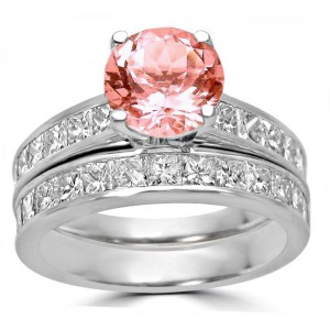 White Gold 3 1/3ct TGW Round-cut Morganite Diamond Engagement Ring Bridal Set - Handcrafted By Name My Rings™