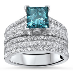 White Gold 3 5/8ct TDW Blue Princess-cut Diamond 2-piece Bridal Set - Handcrafted By Name My Rings™
