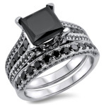 White Gold 3.8ct TDW Princess Cut Black Diamond Ring Set - Handcrafted By Name My Rings™