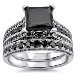 White Gold 3.8ct TDW Princess Cut Black Diamond Ring Set - Handcrafted By Name My Rings™