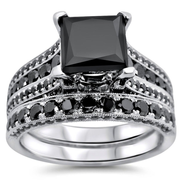 White Gold 3.8ct TDW Princess Cut Black Diamond Ring Set - Handcrafted By Name My Rings™