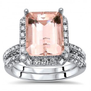 White Gold 4 1/3ct TGW Emerald-cut Morganite and Diamond Engagement Ring Set - Handcrafted By Name My Rings™