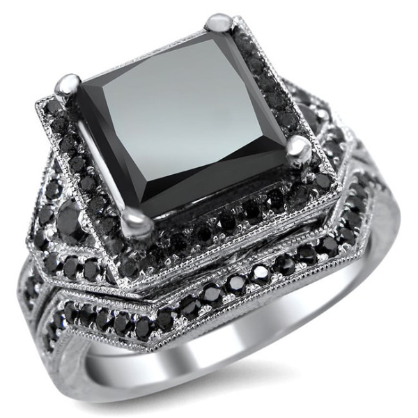 White Gold 4 1/4ct Black Princess-cut Diamond Engagement Ring Bridal Set - Handcrafted By Name My Rings™