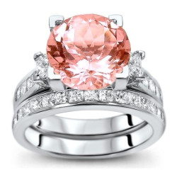 White Gold 4 3/4 ct TGW Round-cut Morganite Diamond Engagement Ring Bridal Set - Handcrafted By Name My Rings™