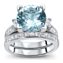 White Gold 4 3/4ct TGW Round-cut Aquamarine Diamond Engagement Ring Bridal Set - Handcrafted By Name My Rings™