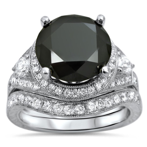 White Gold 5ct Black and White Round-cut Diamond Bridal Ring Set - Handcrafted By Name My Rings™