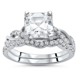 White Gold Asscher Moissanite and 2/5ct TDW Diamond Engagement Ring Set - Handcrafted By Name My Rings™