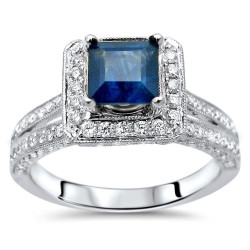 White Gold Blue Sapphire and 3/4ct TDW Diamond Engagement Ring - Handcrafted By Name My Rings™