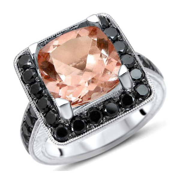 White Gold Cushion Cut Morganite and Black Diamond Engagement Ring - Handcrafted By Name My Rings™