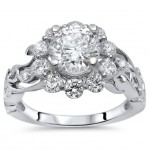 White Gold Moissanite and 3/4ct TDW Flower Diamond Engagement Ring Set - Handcrafted By Name My Rings™