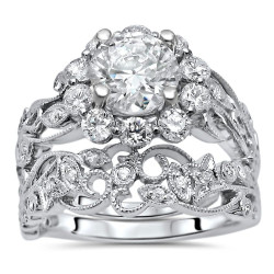 White Gold Moissanite and 3/4ct TDW Flower Diamond Engagement Ring Set - Handcrafted By Name My Rings™