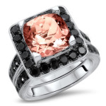 White Gold Morganite and Black Diamond Wedding Band Set - Handcrafted By Name My Rings™