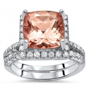 White Gold Pink Morganite and Diamond Halo Engagement Ring Set - Handcrafted By Name My Rings™