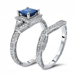 White Gold Princess-cut Blue Sapphire and 1/3ct TDW Diamond Engagement Ring Set - Handcrafted By Name My Rings™
