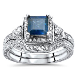 White Gold Princess-cut Blue Sapphire and 1/3ct TDW Diamond Engagement Ring Set - Handcrafted By Name My Rings™