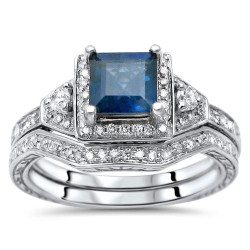 White Gold Princess-cut Blue Sapphire and 1/3ct TDW Diamond Engagement Ring Set - Handcrafted By Name My Rings™