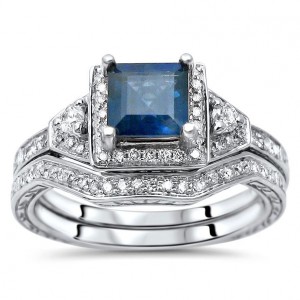 White Gold Princess-cut Blue Sapphire and 1/3ct TDW Diamond Engagement Ring Set - Handcrafted By Name My Rings™