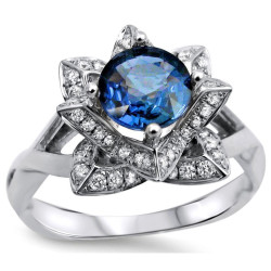White Gold Round Blue Sapphire 2/5ct TDW Diamond Lotus Flower Engagement Ring - Handcrafted By Name My Rings™
