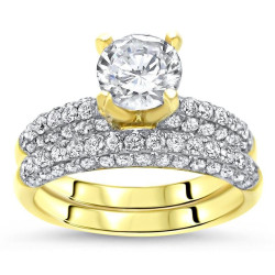 Gold 1ct TGW Round Moissanite and 1 1/5ct TDW Diamond Bridal Ring Set - Handcrafted By Name My Rings™