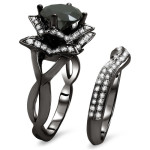 14kBlack Gold 3ct TDW Black Round Diamond Lotus Flower Ring Set - Handcrafted By Name My Rings™