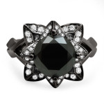 14kBlack Gold 3ct TDW Black Round Diamond Lotus Flower Ring Set - Handcrafted By Name My Rings™