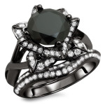14kBlack Gold 3ct TDW Black Round Diamond Lotus Flower Ring Set - Handcrafted By Name My Rings™