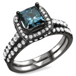14kBlack Rhodium-plated Gold 1 1/2ct TDW Blue Princess-cut Diamond Bridal Ring Set - Handcrafted By Name My Rings™