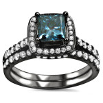 14kBlack Rhodium-plated Gold 1 1/2ct TDW Blue Princess-cut Diamond Bridal Ring Set - Handcrafted By Name My Rings™