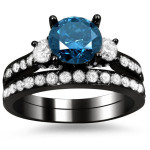 Black Gold 2 2/5ct Blue and White Round Diamond Bridal Ring Set - Handcrafted By Name My Rings™