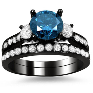 Black Gold 2 2/5ct Blue and White Round Diamond Bridal Ring Set - Handcrafted By Name My Rings™