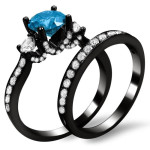 Black Gold 2 2/5ct Blue and White Round Diamond Bridal Ring Set - Handcrafted By Name My Rings™