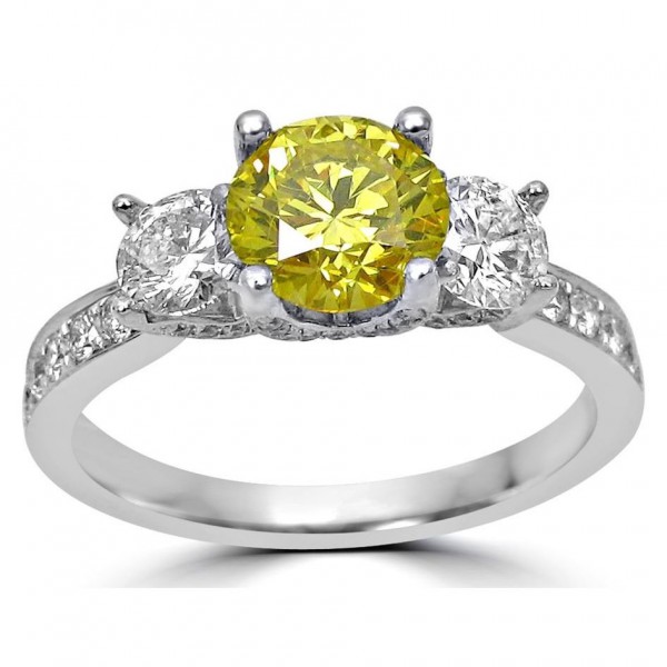 Gold 1 1/2ct Canary Yellow and White Round Diamond Three Stone Engagement Ring - Handcrafted By Name My Rings™