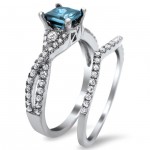 White Gold 1 1/2ct TDW Blue/ White Princess-cut Diamond Bridal Set - Handcrafted By Name My Rings™