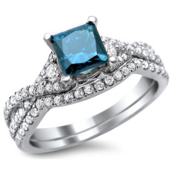 White Gold 1 1/2ct TDW Blue/ White Princess-cut Diamond Bridal Set - Handcrafted By Name My Rings™