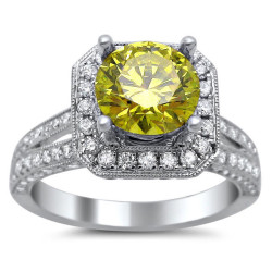 White Gold 1 3/4ct TDW Round Canary Yellow and White Diamond Square Engagement Ring - Handcrafted By Name My Rings™