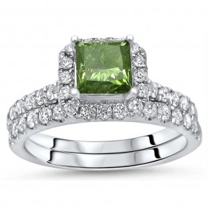 White Gold 1 3/5ct TDW Green Princess Cut Diamond Engagement Ring Bridal Set - Handcrafted By Name My Rings™