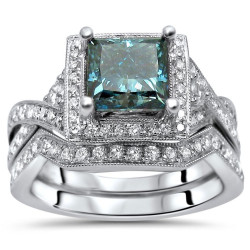 White Gold 1 9/10ct TDW Blue Princess Diamond Engagement Ring Set - Handcrafted By Name My Rings™