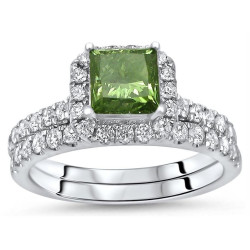 White Gold 1 9/10ct TDW Green Princess Cut Diamond Engagement Ring Bridal Set - Handcrafted By Name My Rings™