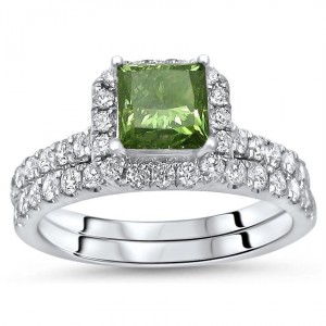 White Gold 1 9/10ct TDW Green Princess Cut Diamond Engagement Ring Bridal Set - Handcrafted By Name My Rings™