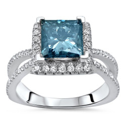 White Gold 2 1/10ct TDW Blue Princess Cut Diamond Engagement Ring - Handcrafted By Name My Rings™