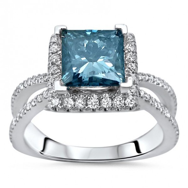 White Gold 2 1/10ct TDW Blue Princess Cut Diamond Engagement Ring - Handcrafted By Name My Rings™
