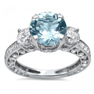 18ct White Gold 2 1/2ct TGW Round-cut Aquamarine Diamond Engagement Ring 3 Stone - Handcrafted By Name My Rings™