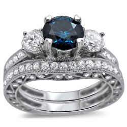White Gold 2 1/4 ct Blue and White Round Diamond Engagement Ring Bridal Set - Handcrafted By Name My Rings™