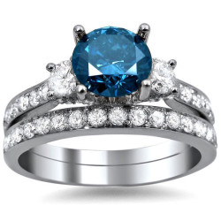 White Gold 2 2/5ct Blue and White Round Diamond Bridal Ring Set - Handcrafted By Name My Rings™