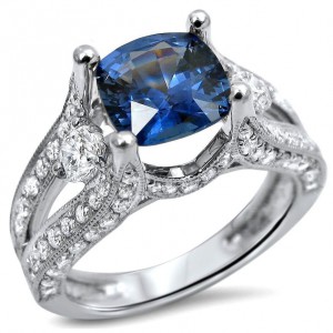 White Gold 2ct TGW Cushion Cut Sapphire 3-stone Diamond Engagement Ring - Handcrafted By Name My Rings™