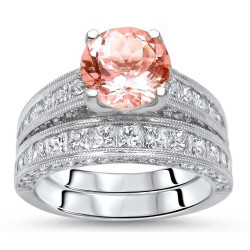 White Gold 3 5/6ct TGW Round-cut Morganite Diamond Engagement Ring Bridal Set - Handcrafted By Name My Rings™