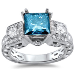 White Gold 3ct TDW Blue Diamond 3-stone Ring - Handcrafted By Name My Rings™