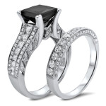White Gold 4 2/5ct Black Princess-cut Diamond Engagement Bridal Ring Set - Handcrafted By Name My Rings™